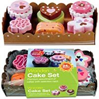 Alimento de juguete- Selección de 6 Pasteles de Madera- 6 tortas con la selección y cartón resistente bandeja de papel